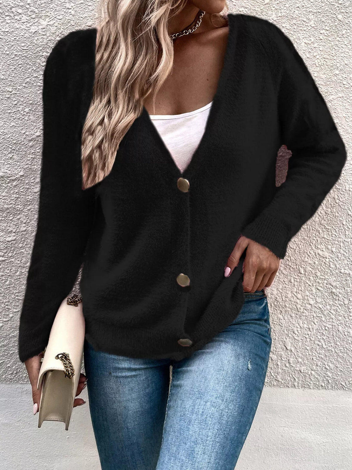 Soft Fuzzy V-Neck Button-Down Cardigan  Shop One Place