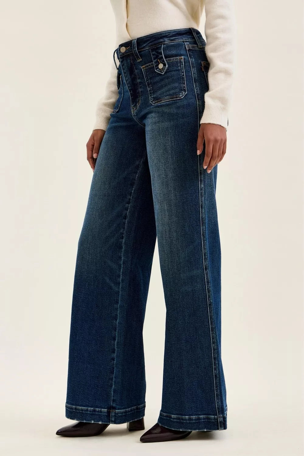 Judy Blue High Waist "lux" Retro Wide Jeans with Front Patch Tab Closure Dk Fade Indigo  Shop One Place