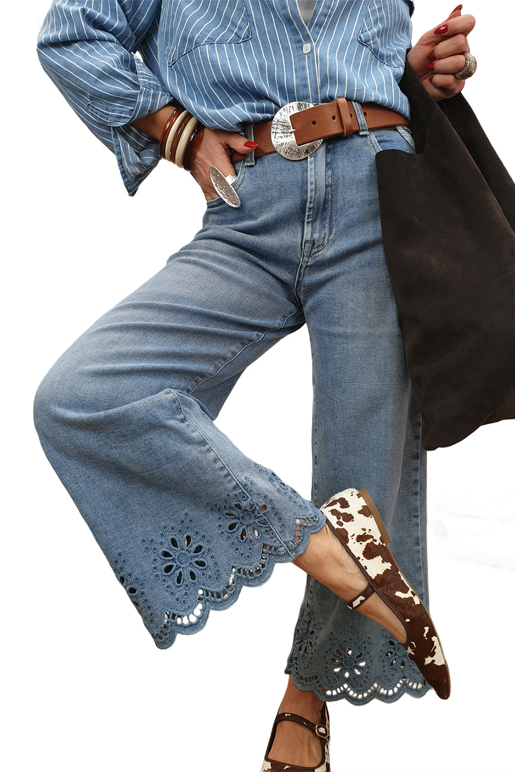 Dusk Blue Embroidered Cropped Wide Leg High Waist Jeans  Shop One Place