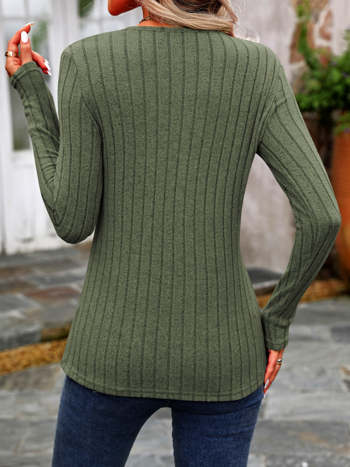 Decorative Button Round Neck Long Sleeve T-Shirt