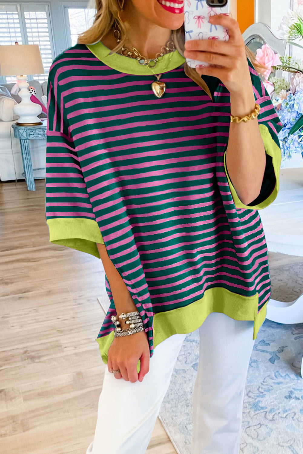 Stripe Colorblock Drop Sleeve Oversized T Shirt