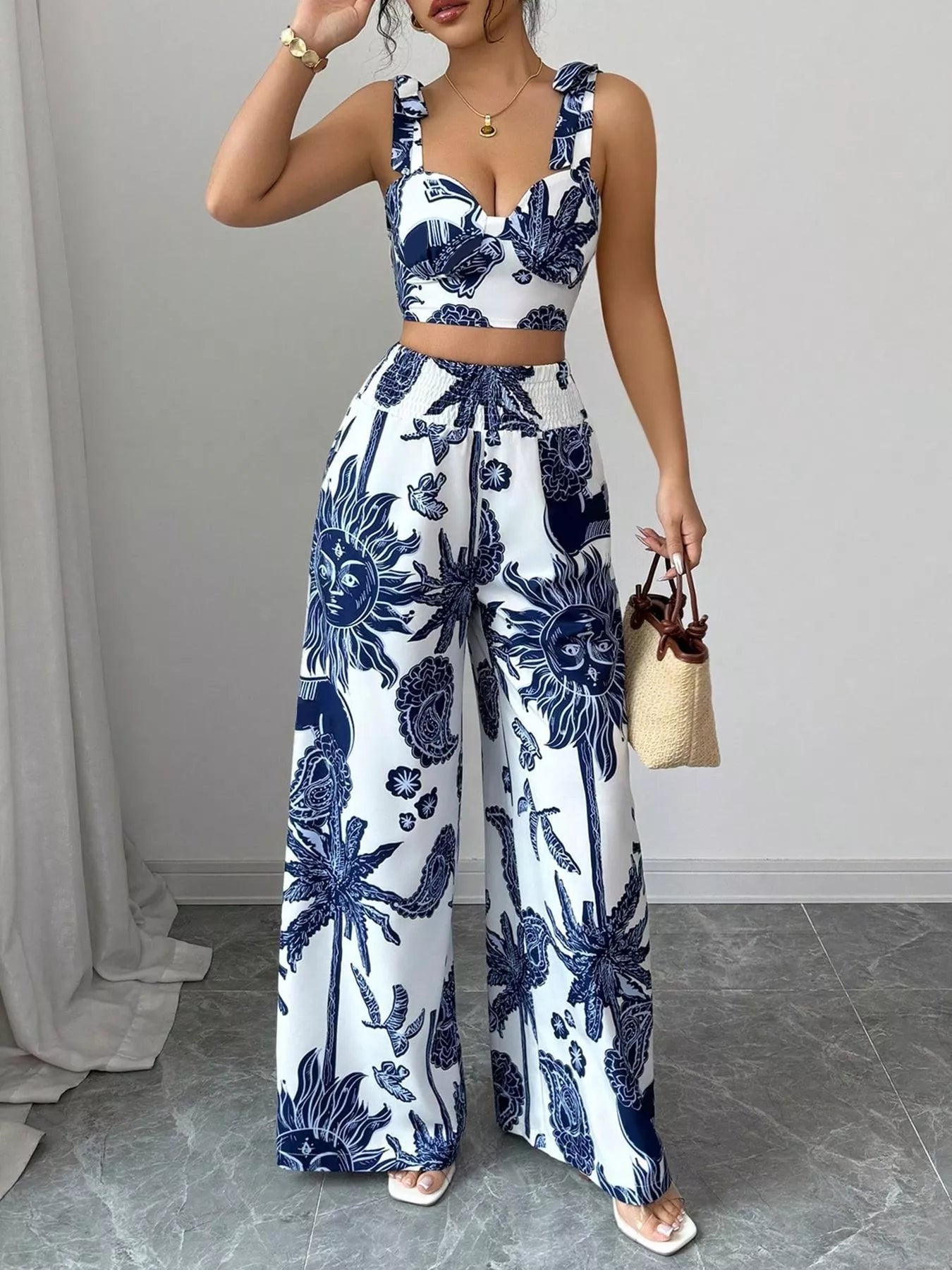 Floral Print Smocked Crop Top & Wide-Leg Pants Set – Women’s Two-Piece Outfit  Shop One Place