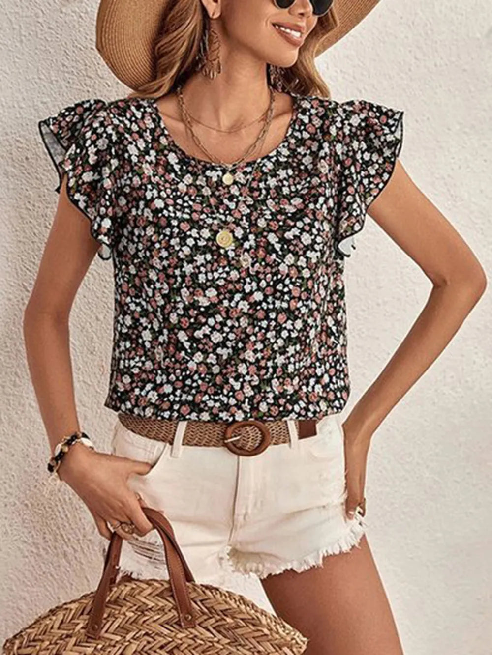Ditsy Floral Round Neck Cap Sleeve Top  Shop One Place