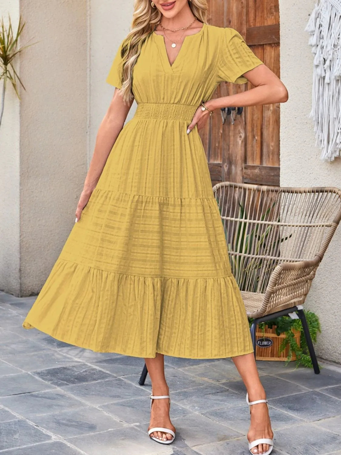Tiered Notched Short Sleeve Dress  Shop One Place
