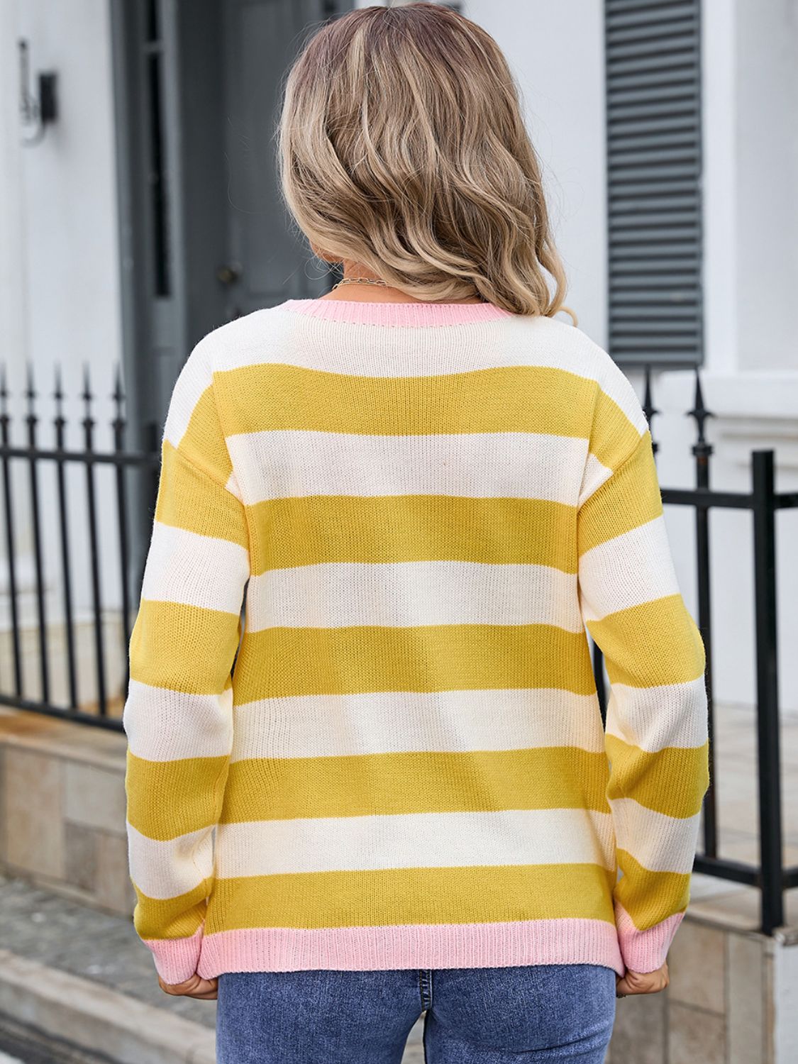 Angel Wings Striped Round Neck Dropped Shoulder Sweater  Shop One Place