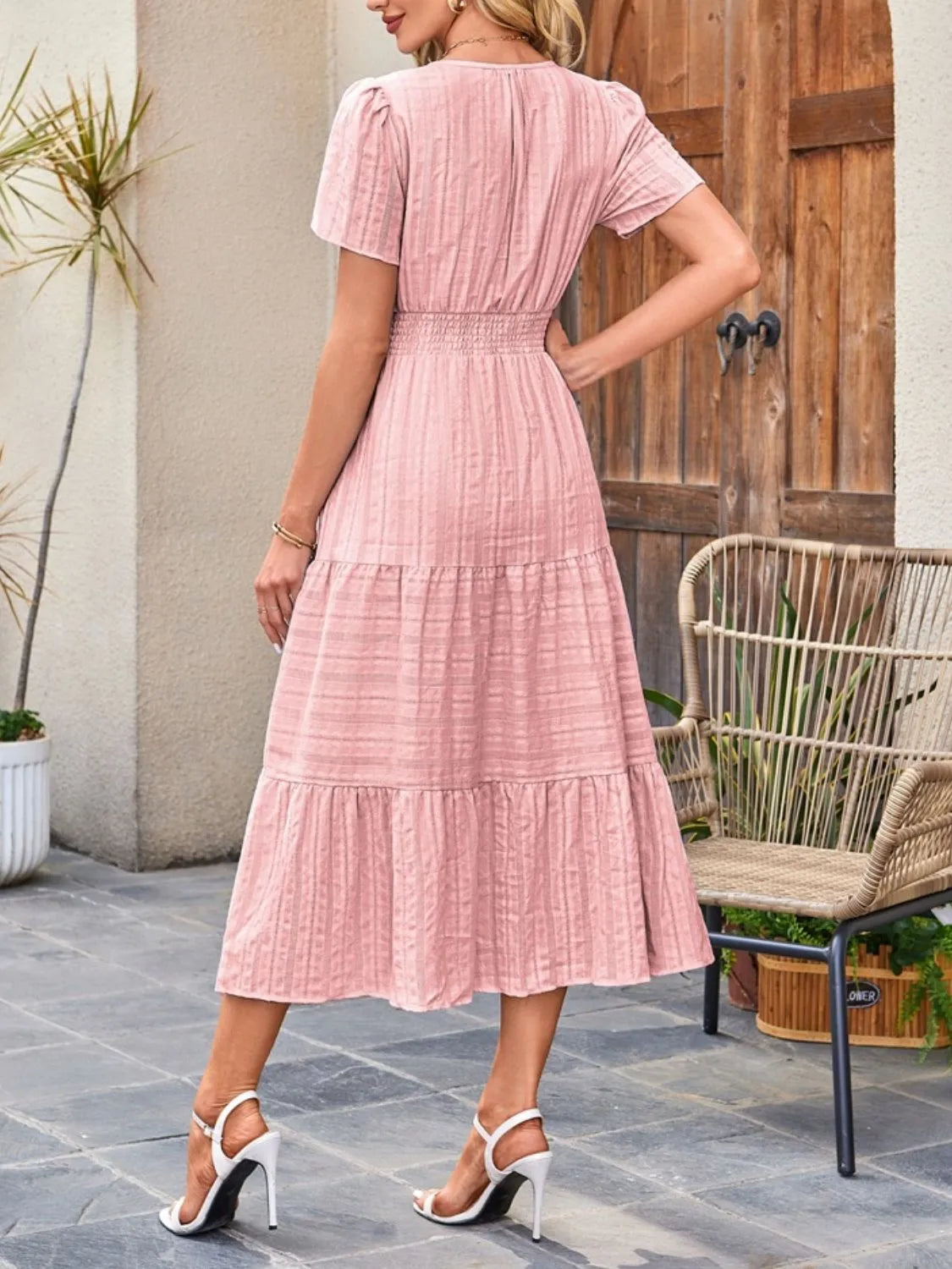 Tiered Notched Short Sleeve Dress  Shop One Place