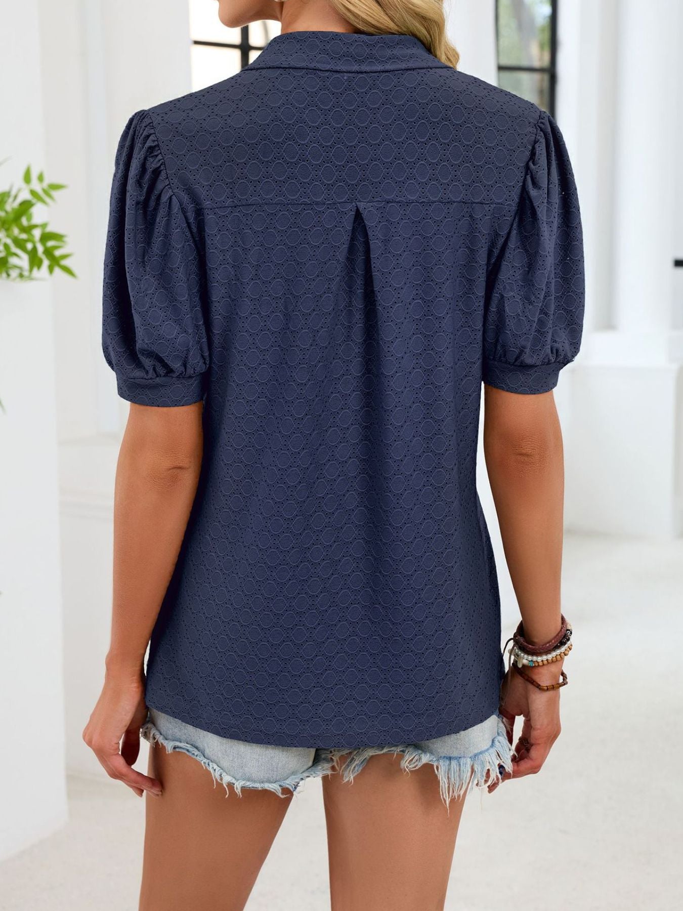 Eyelet Johnny Collar Puff Sleeve Top  Shop One Place