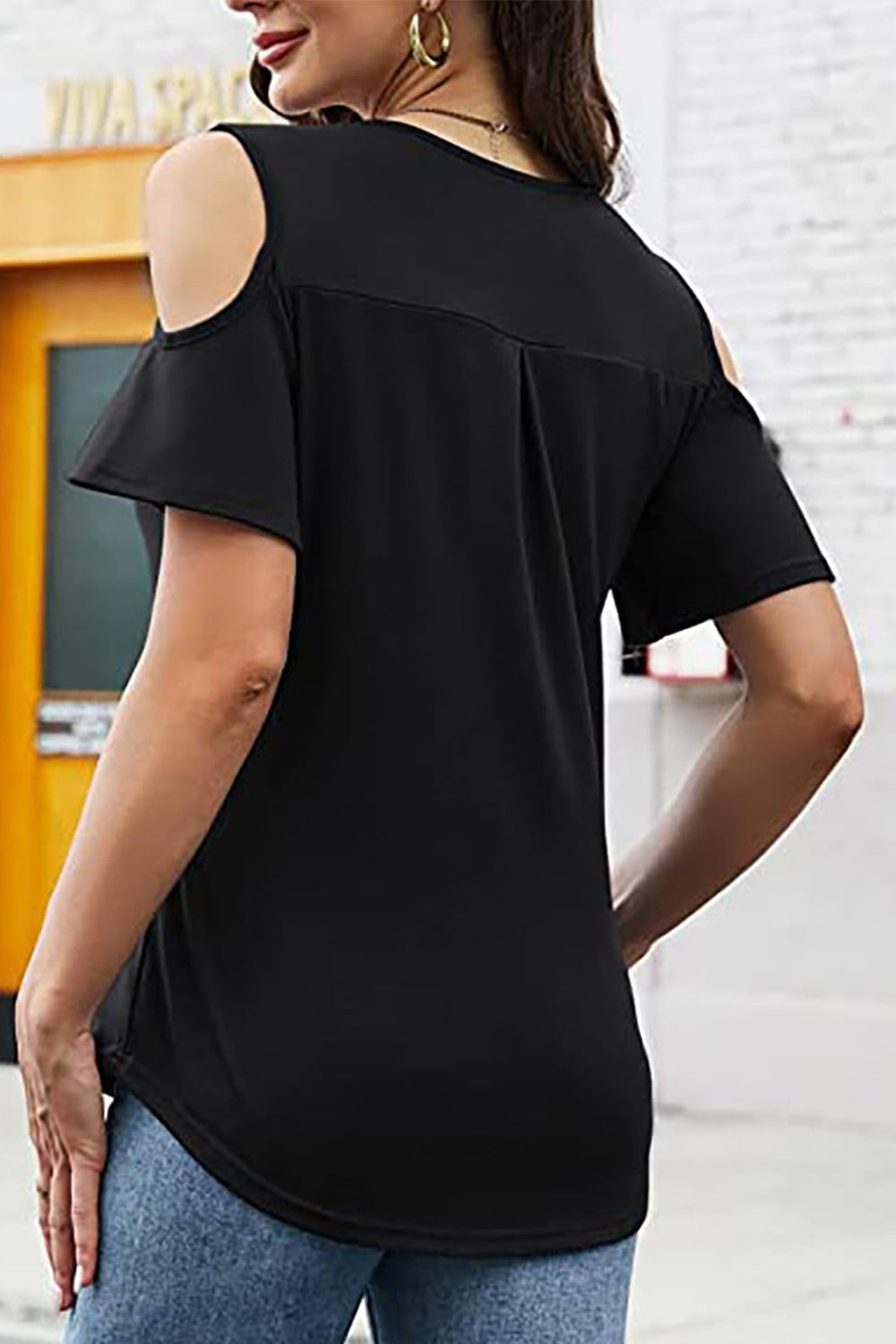 Full Size Half Zip Cold Shoulder Top  Shop One Place