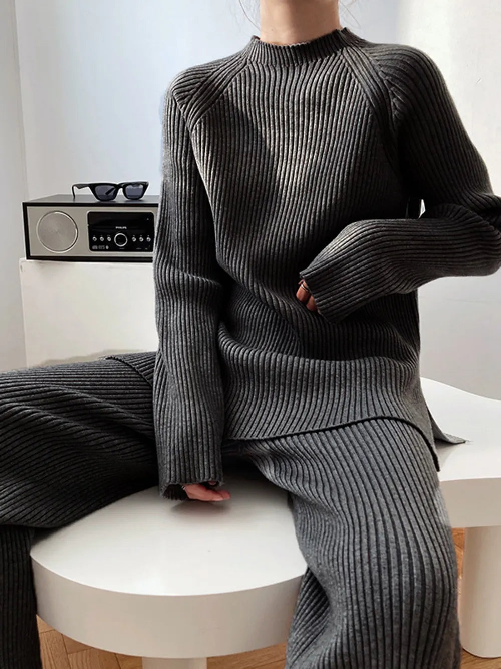 Mock Neck Raglan Sleeve Top and Pants Sweater Set  Shop One Place