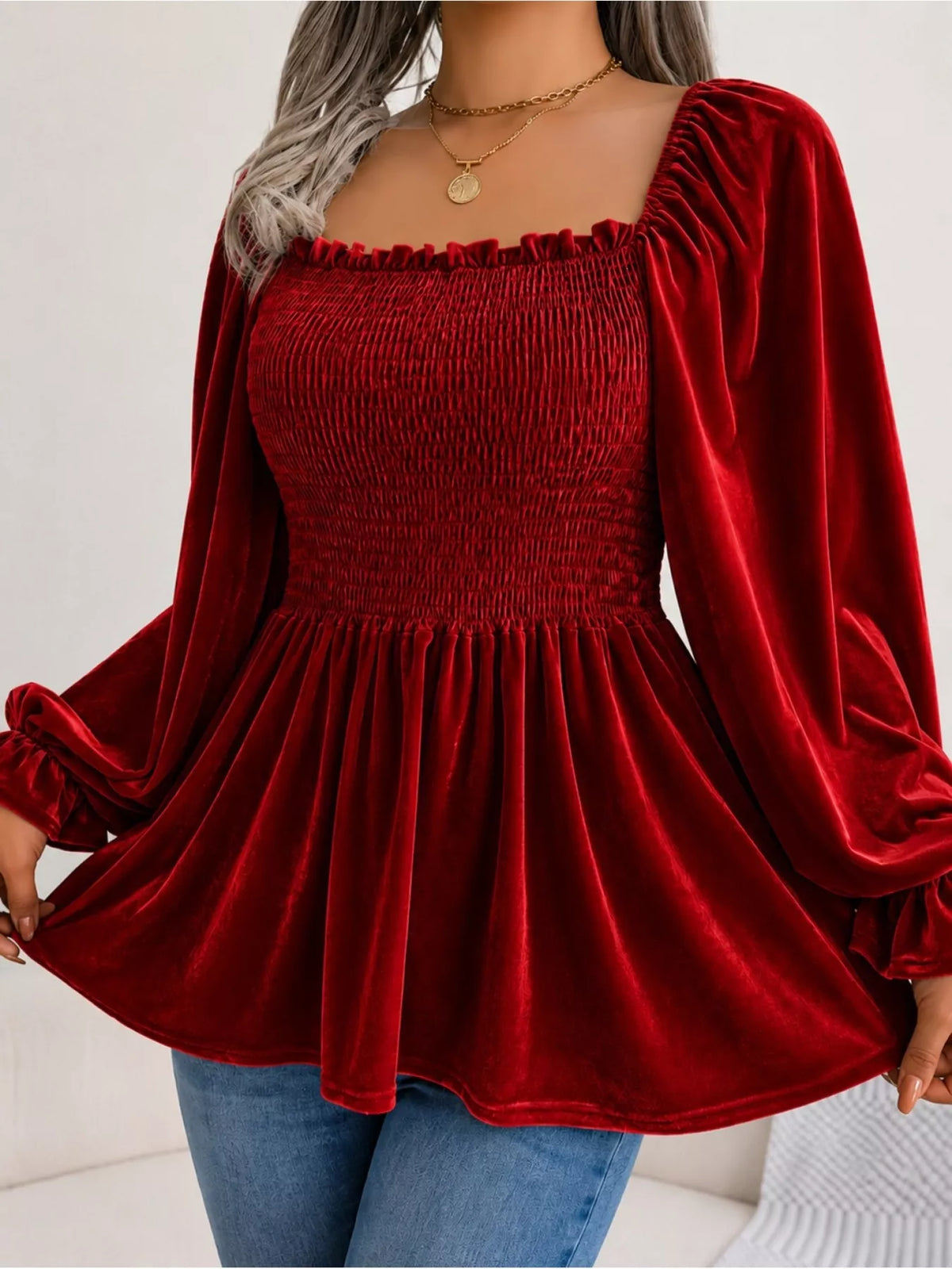 Women's Velvet Smocked Peplum Blouse – view 13