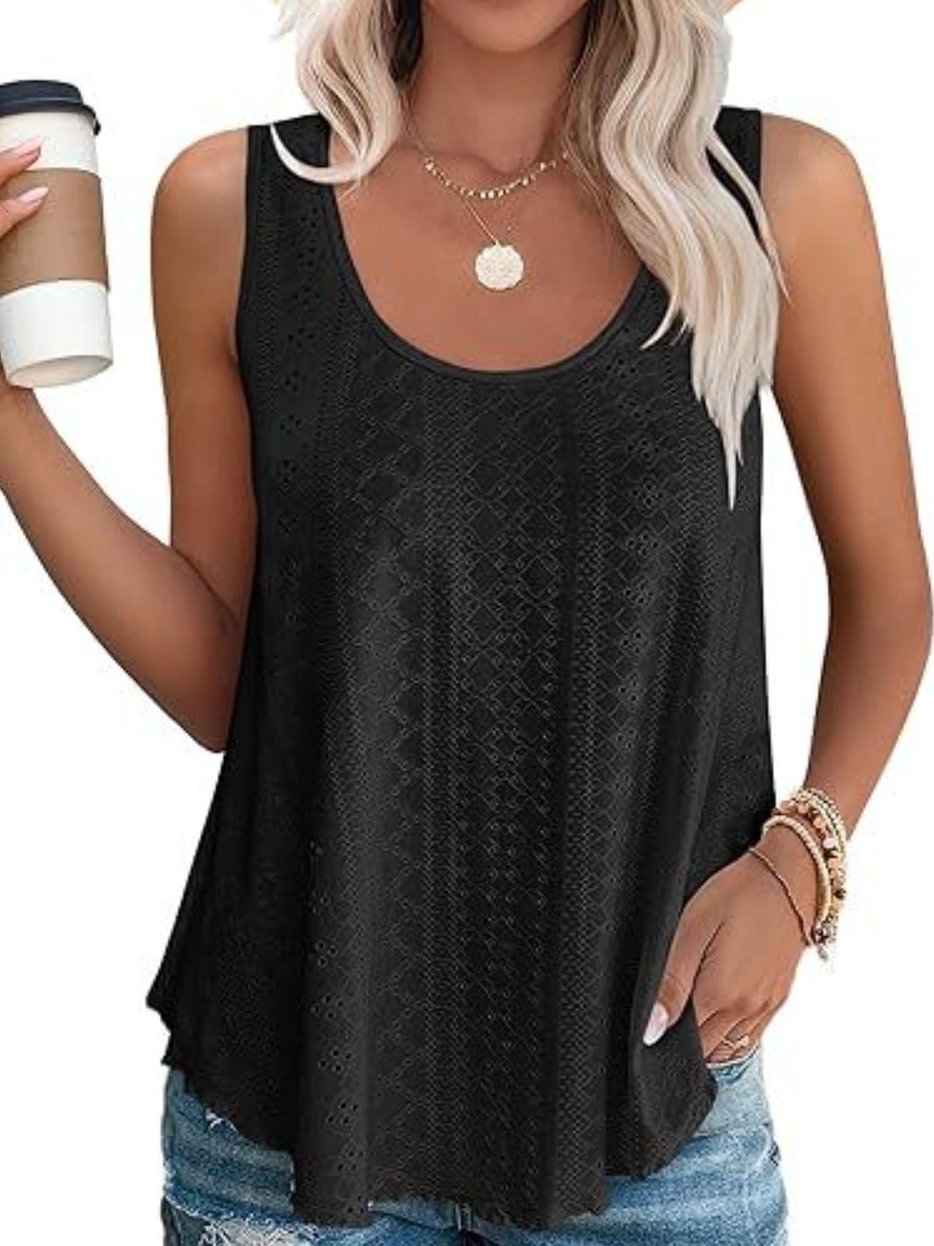 Eyelet Scoop Neck Tank  Shop One Place