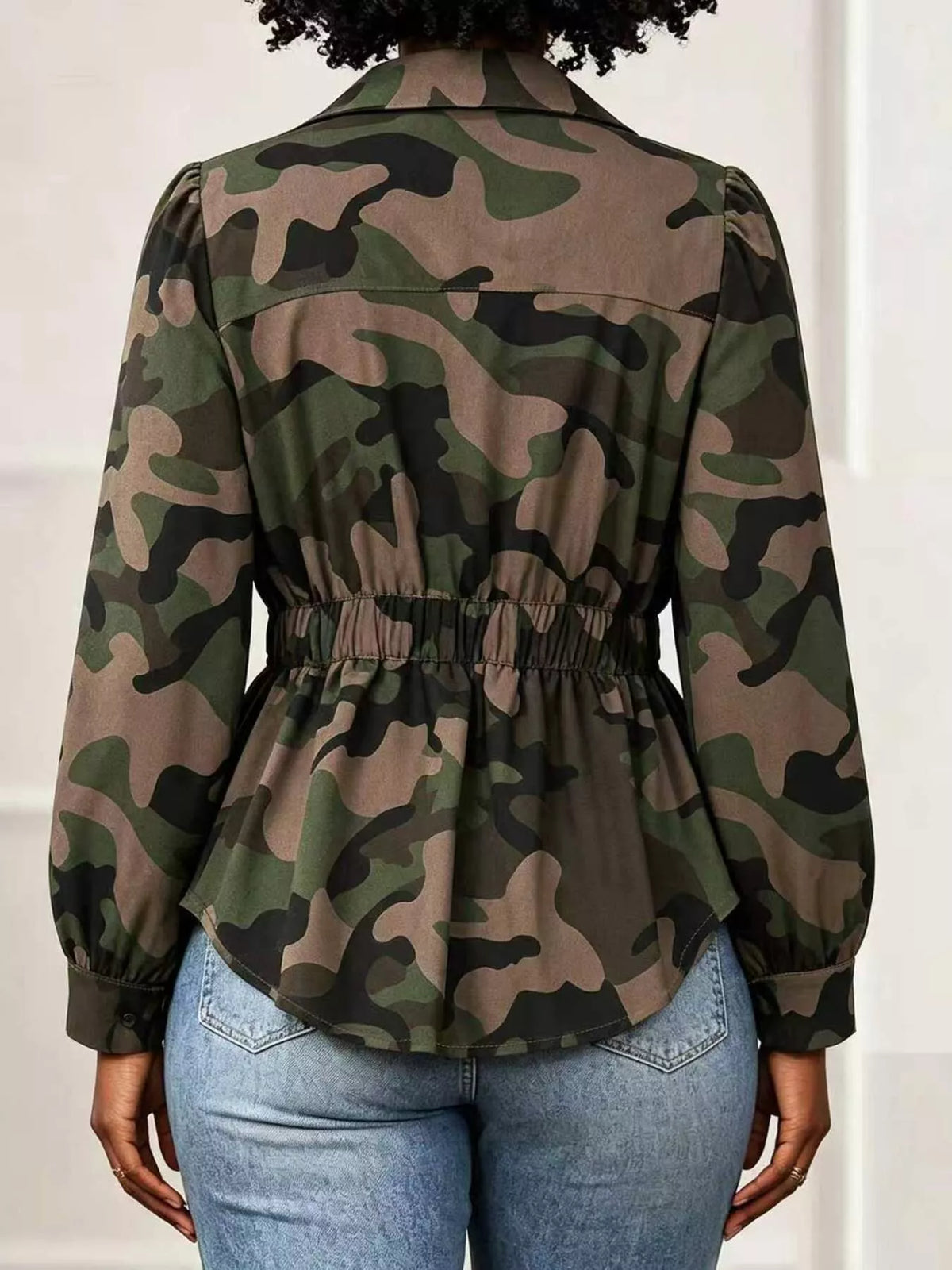 Camouflage Button Front Long Sleeve Blouse  Shop One Place