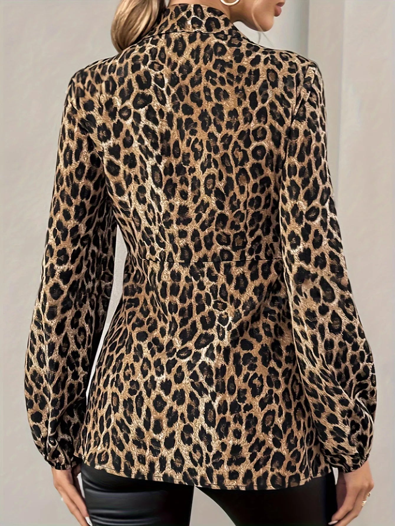 Leopard Print Tie Front Long Sleeve Blouse  Shop One Place