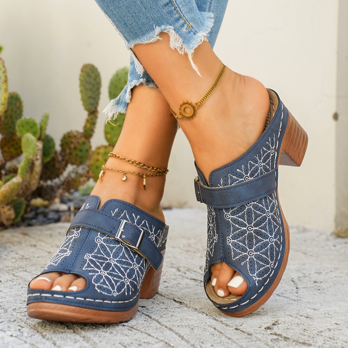 Buckle Decor Block Heel Sandals  Shop One Place