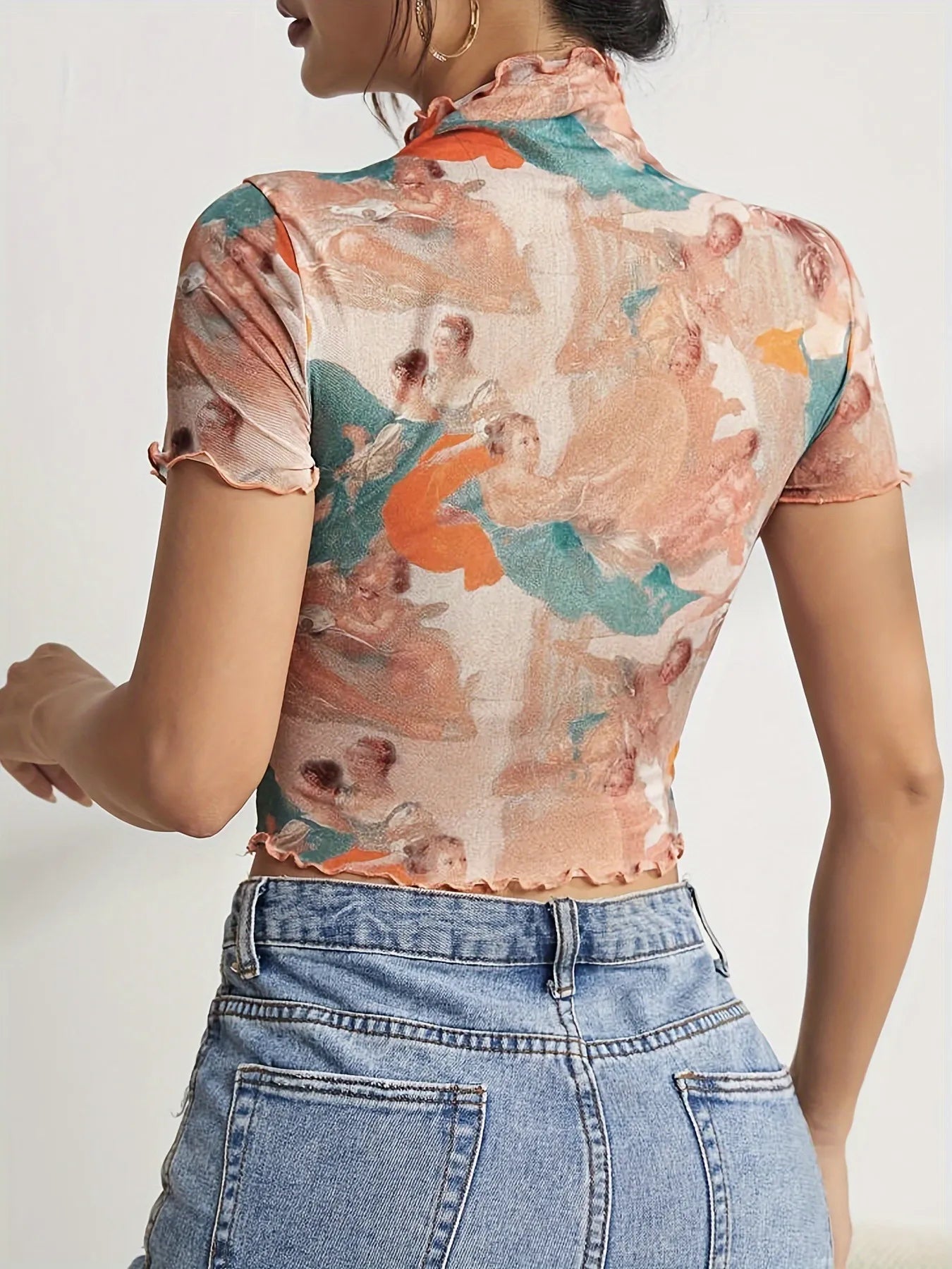 Abstract Print Ruffled Mock Neck Crop T-Shirt  Shop One Place