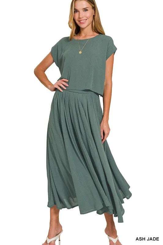 Zenana Woven Crinkle Gauze Crop Tee and Skirt Set-Ash Jade  Shop One Place