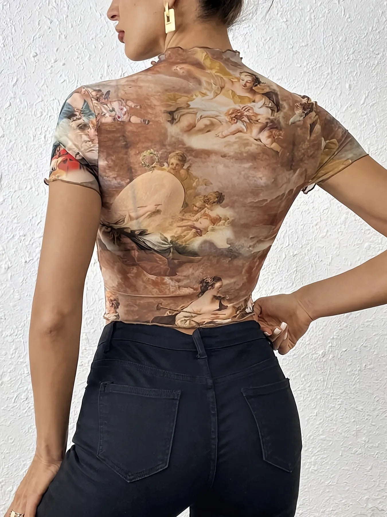 Abstract Print Ruffled Mock Neck Crop T-Shirt  Shop One Place