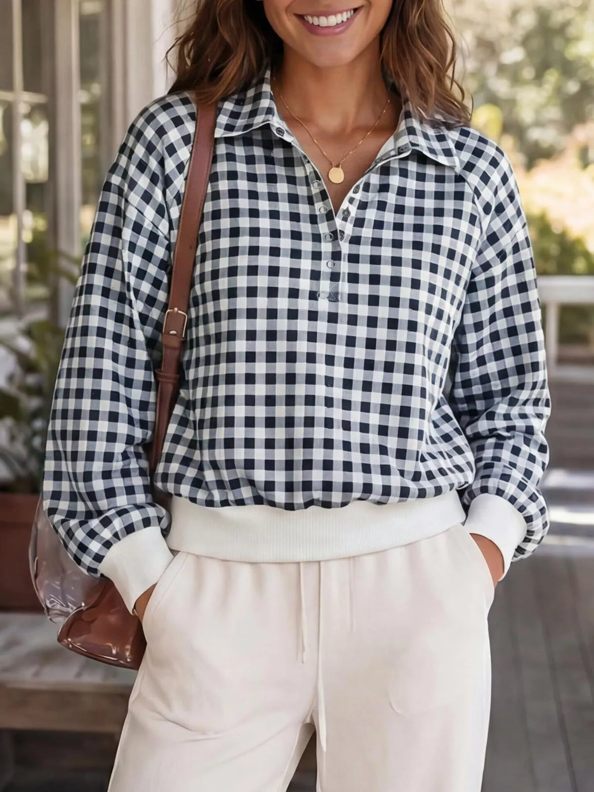 Women's Gingham Plaid Collared Sweatshirt – view 3