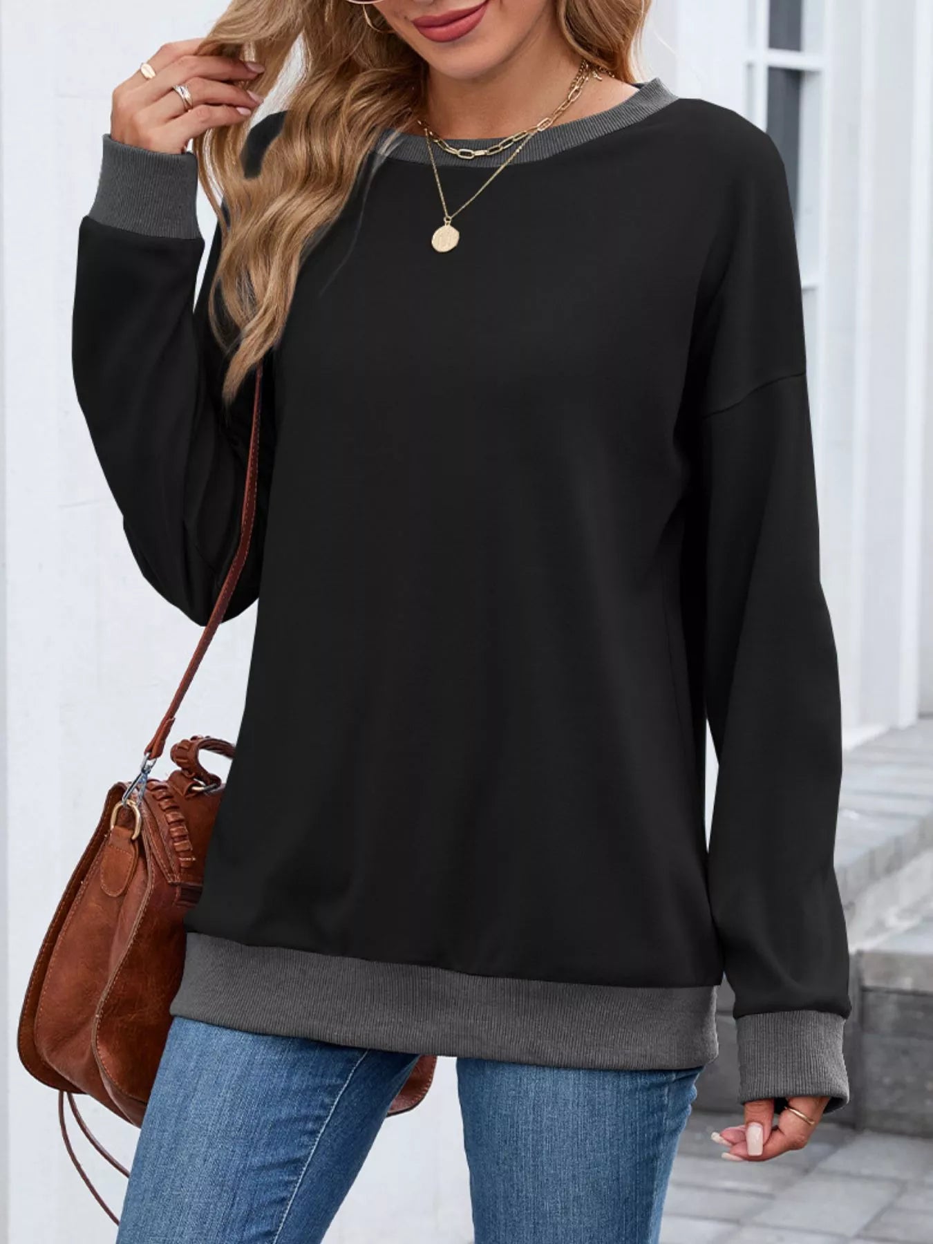 Contrast Trim Long Sleeve Sweatshirt  Shop One Place