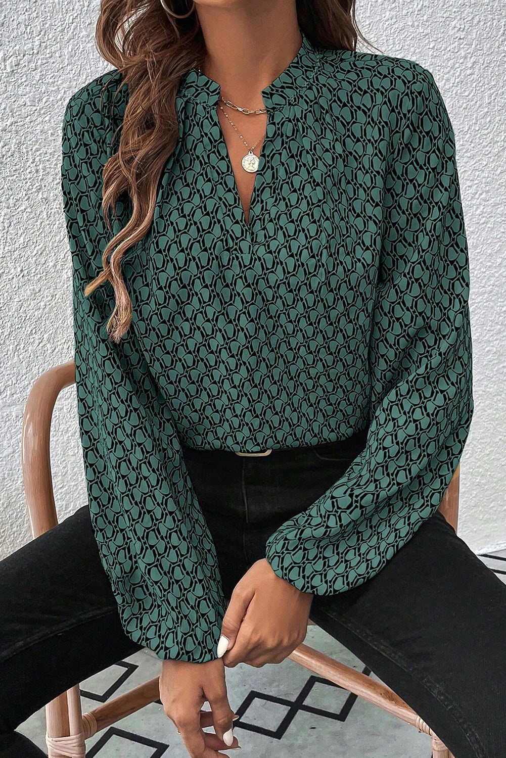 Khaki Geometric Print Notched Neck Long Sleeve Blouse  Shop One Place