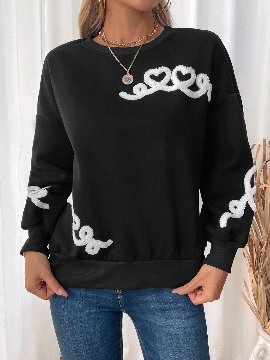 Perfee Heart Round Neck Long Sleeve Sweater  Shop One Place