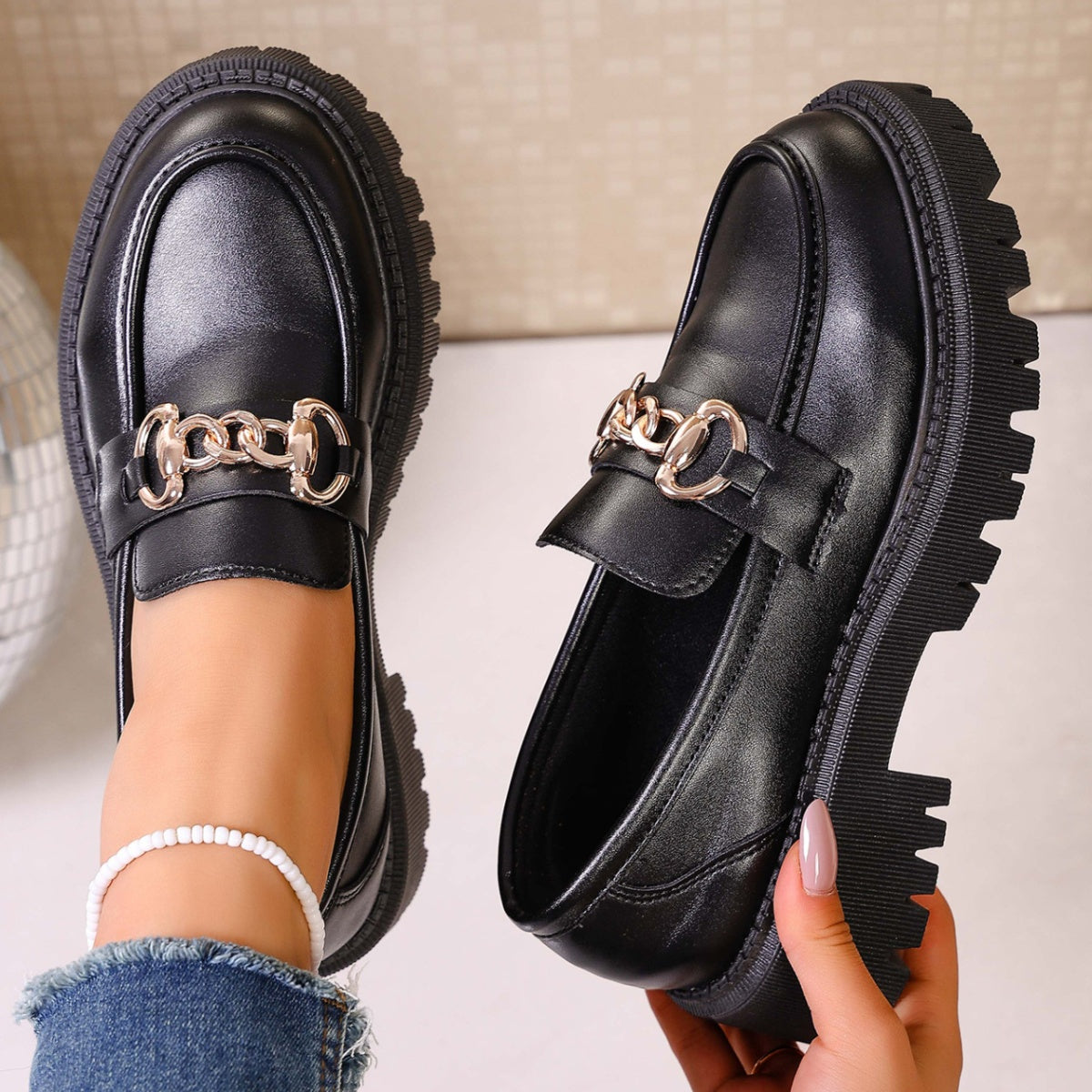 Chain Decor Round Toe Loafers  Shop One Place