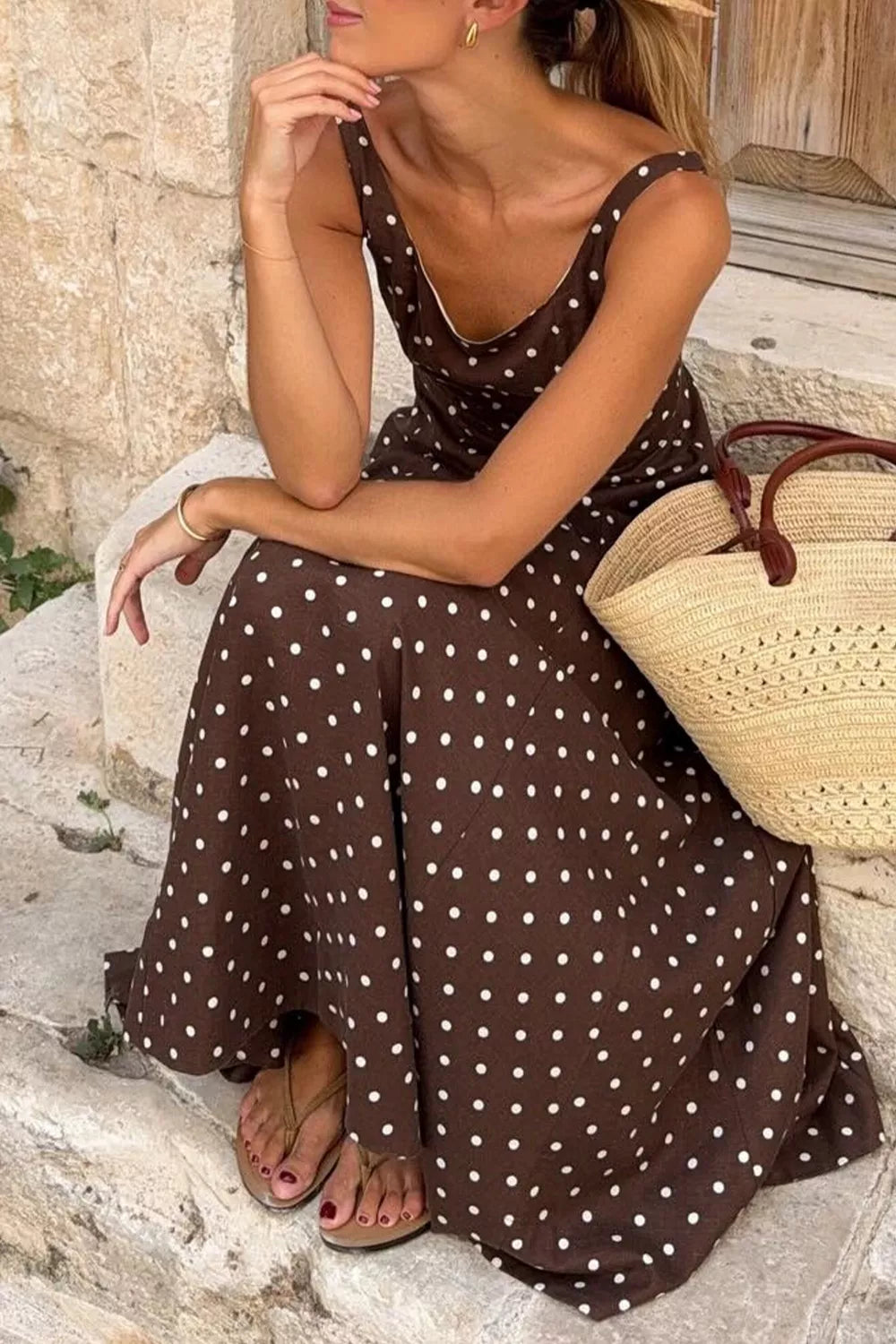 Polka Dot Print Square Neck Sleeveless Vacation Maxi Dress  Shop One Place