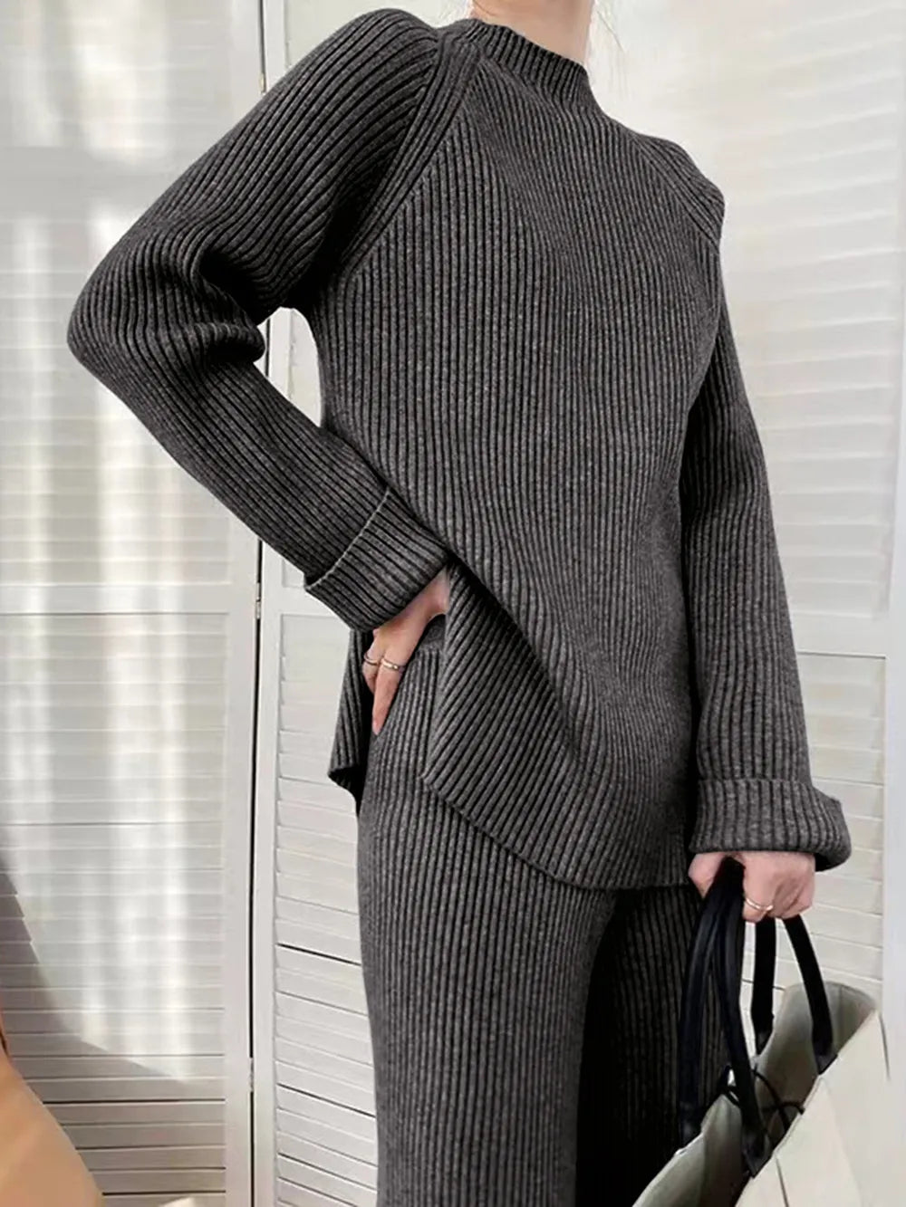 Mock Neck Raglan Sleeve Top and Pants Sweater Set  Shop One Place
