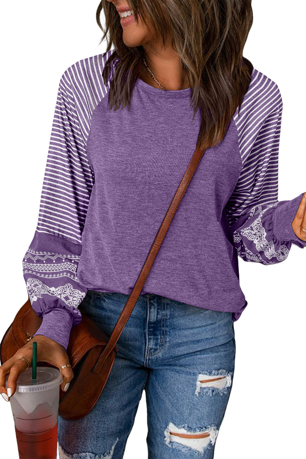 Contrast Print Striped Raglan Long Sleeve Loose Top  Shop One Place