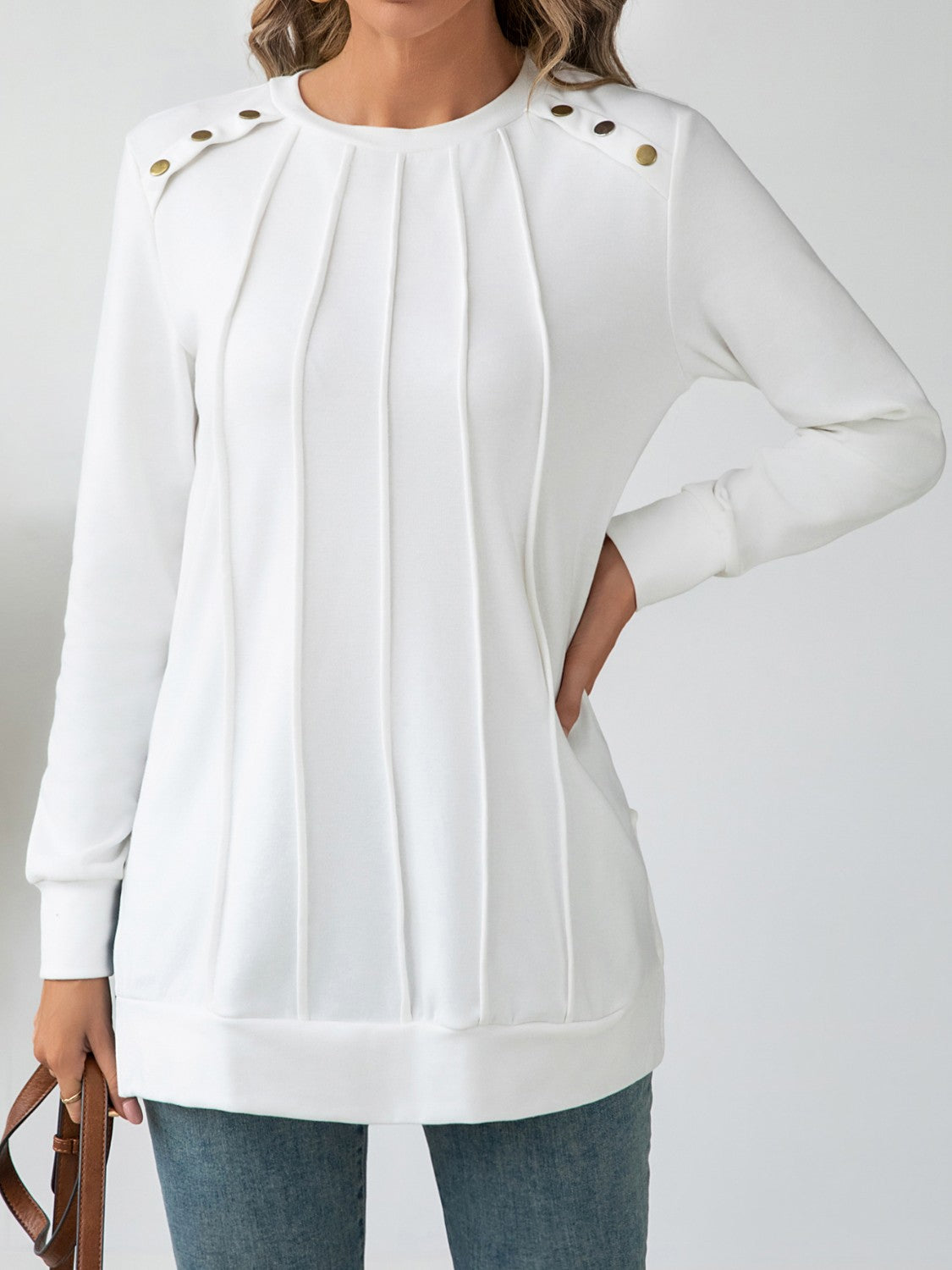 Side Slit Round Neck Long Sleeve Blouse