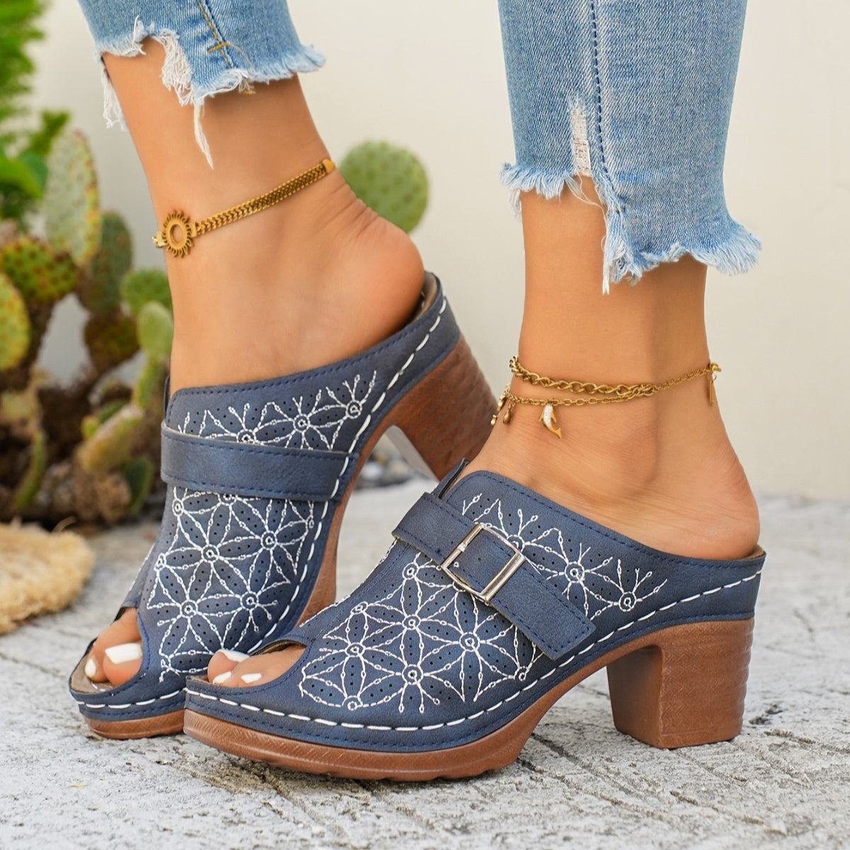 Buckle Decor Block Heel Sandals  Shop One Place