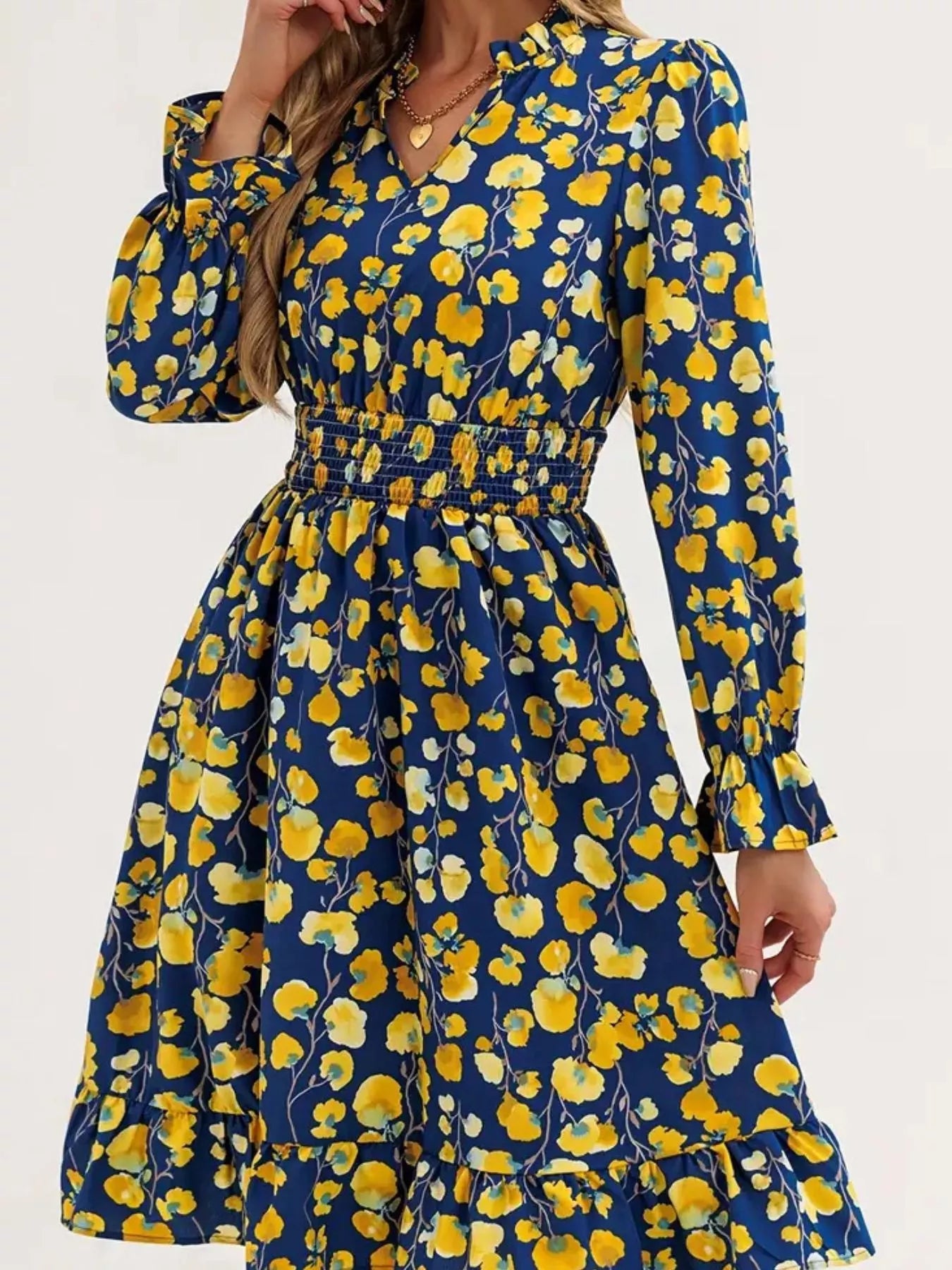 Floral Notched Flounce Sleeve Dress  Shop One Place