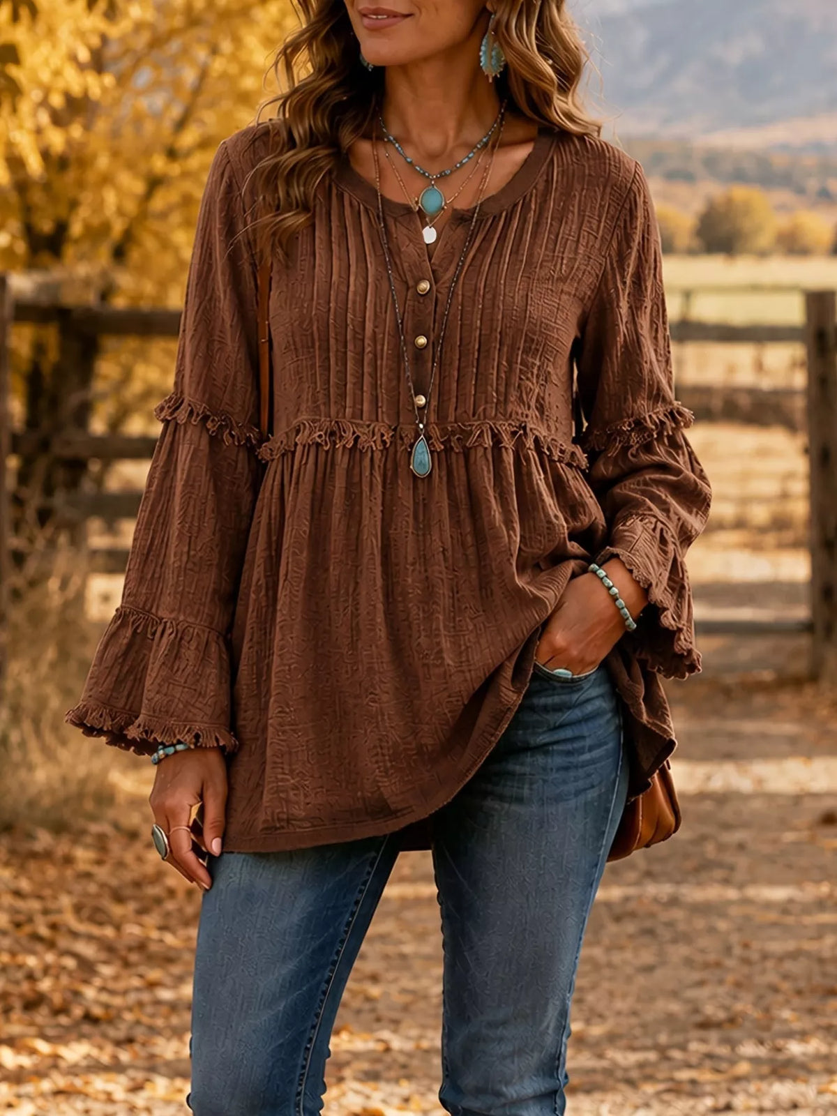 Women's Fringe Trim Ruffle Sleeve Blouse – view 7