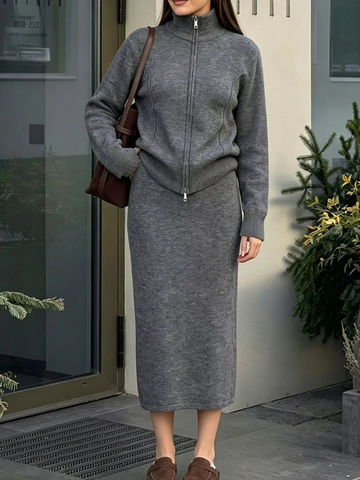 Zip-Up Mock Neck Cardigan and Matching Midi Skirt Sweater Set  Shop One Place