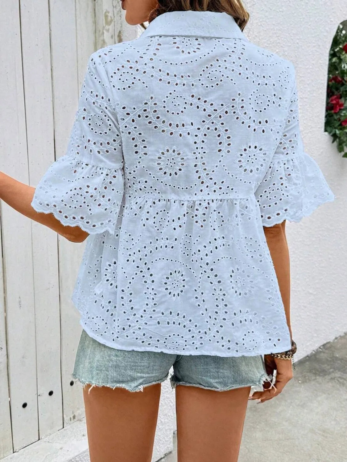Eyelet Solid Collared Neck Half Sleeve Shirt  Shop One Place