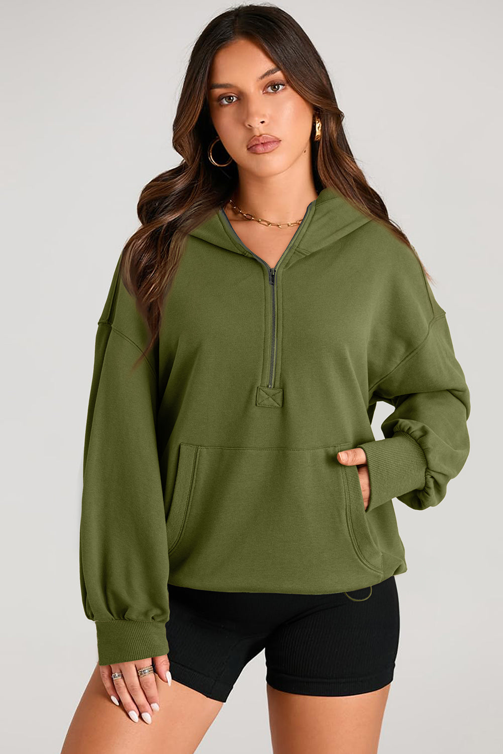 Moss Green Kangaroo Pocket Half Zipper Oversized Hoodie