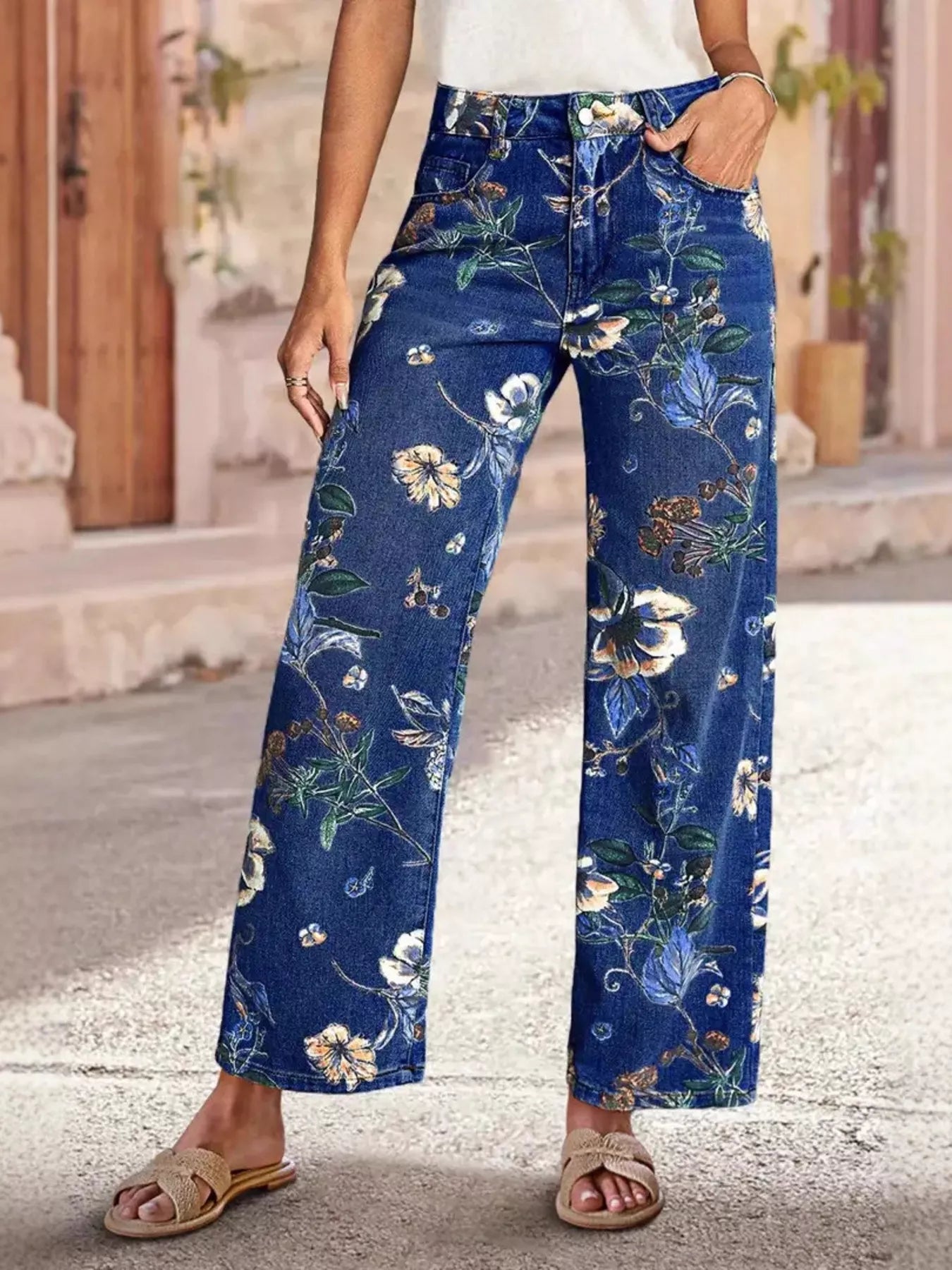 Floral Print Wide Leg Jeans  Shop One Place