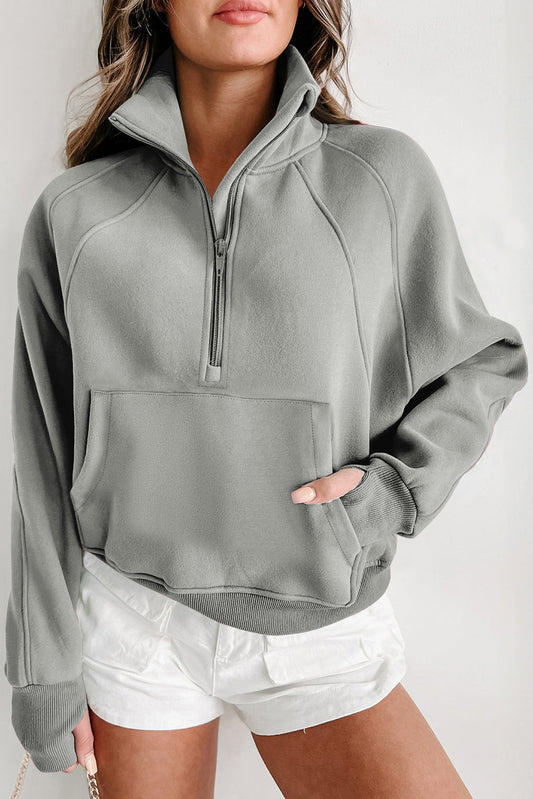 Zip Up Stand Collar Ribbed Thumbhole Sleeve Sweatshirt  Shop One Place