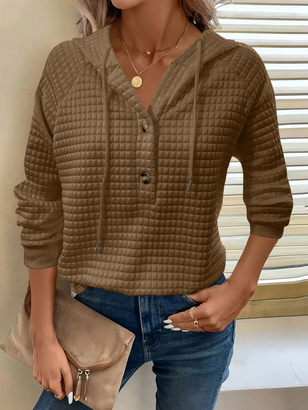 Full Size Texture Button Detail Drawstring Long Sleeve Hoodie  Shop One Place