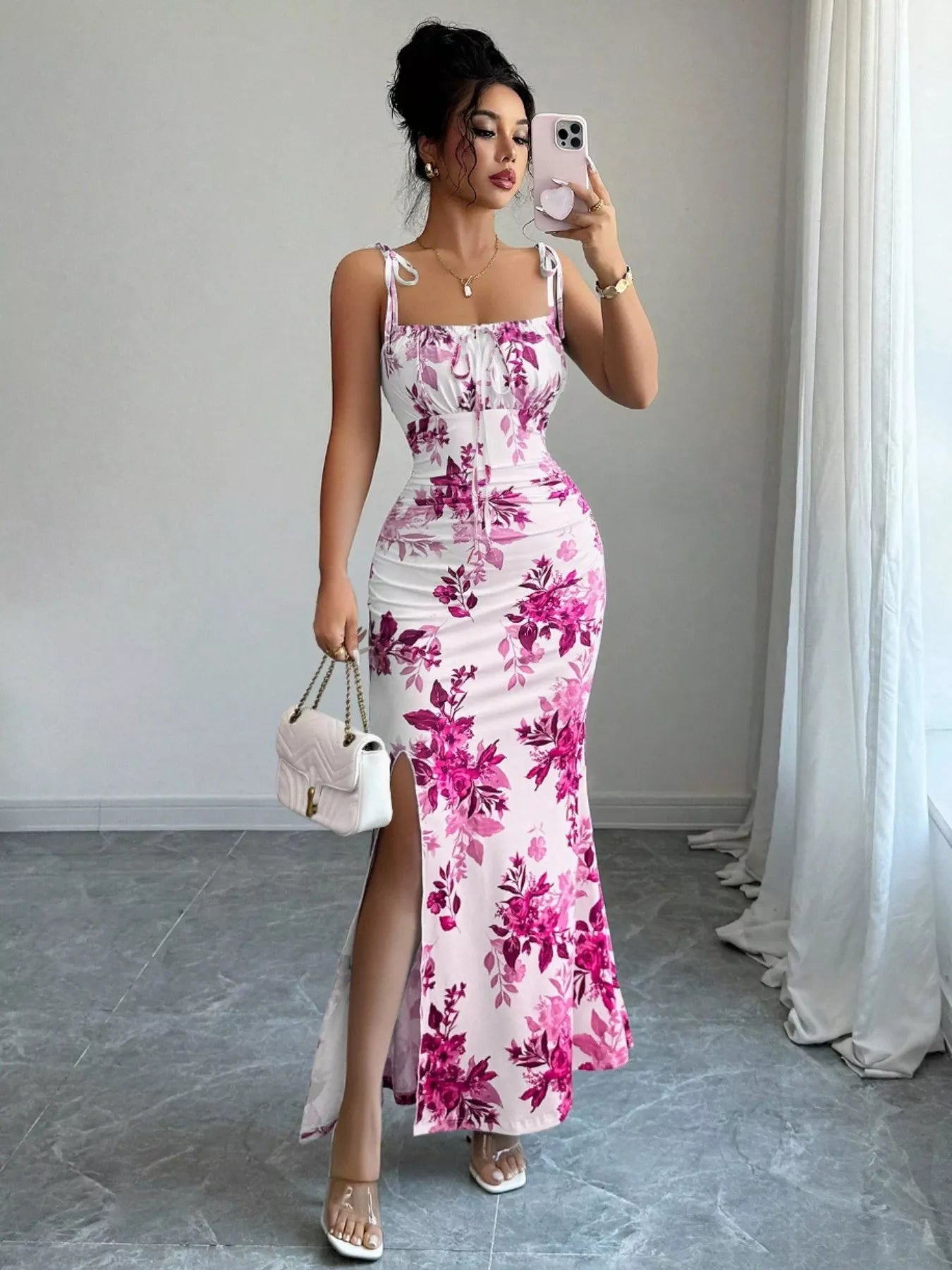 Printed Tie Strap Slit Maxi Dress  Shop One Place