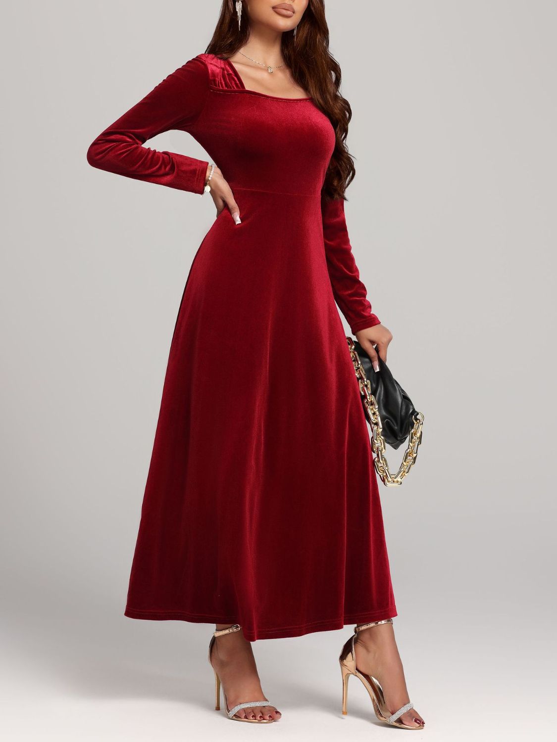 Square Neck Long Sleeve Velvet Dress  Shop One Place