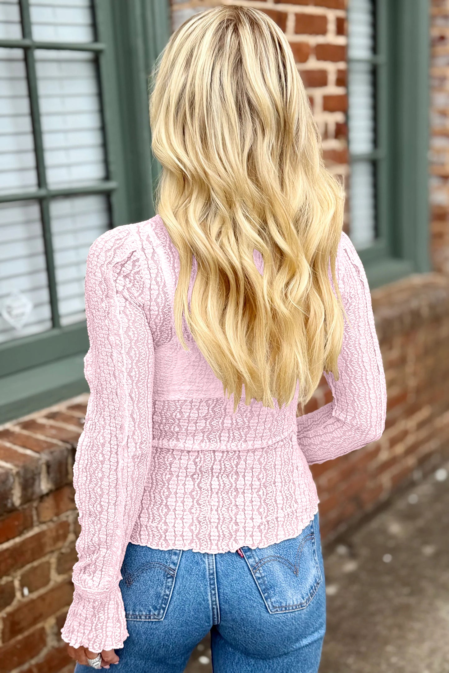 Light Pink Flounced Long Sleeve Mock Neck Sheer Lace Top  Shop One Place