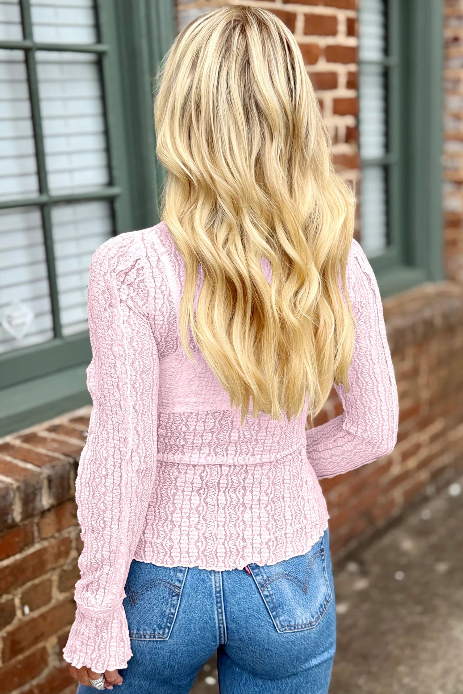 Light Pink Flounced Long Sleeve Mock Neck Sheer Lace Top  Shop One Place