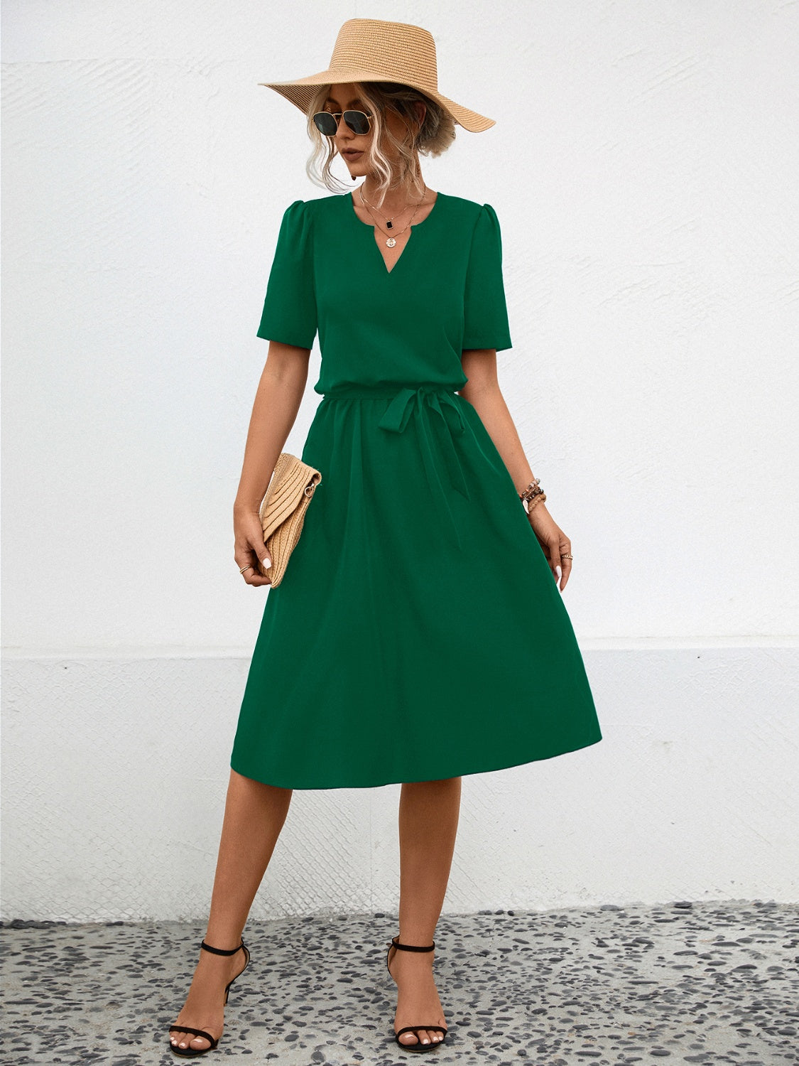 Tied Notched Short Sleeve Dress  Shop One Place