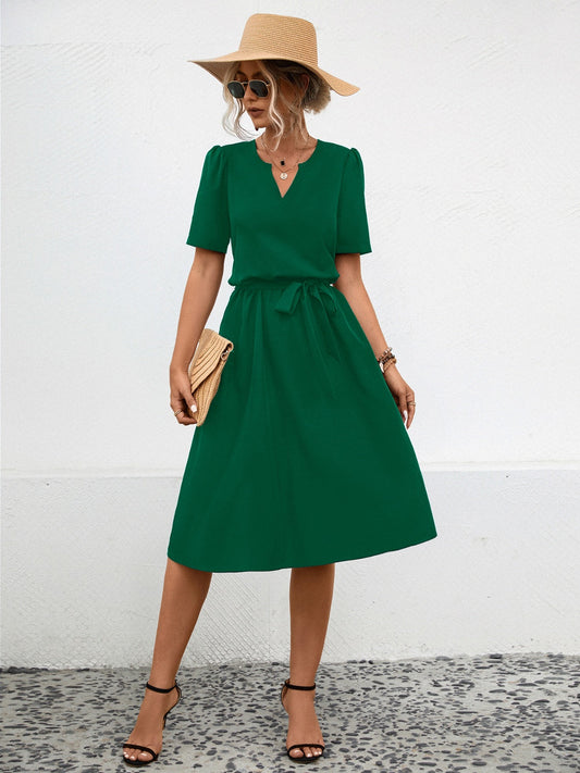 Tied Notched Short Sleeve Dress  Shop One Place