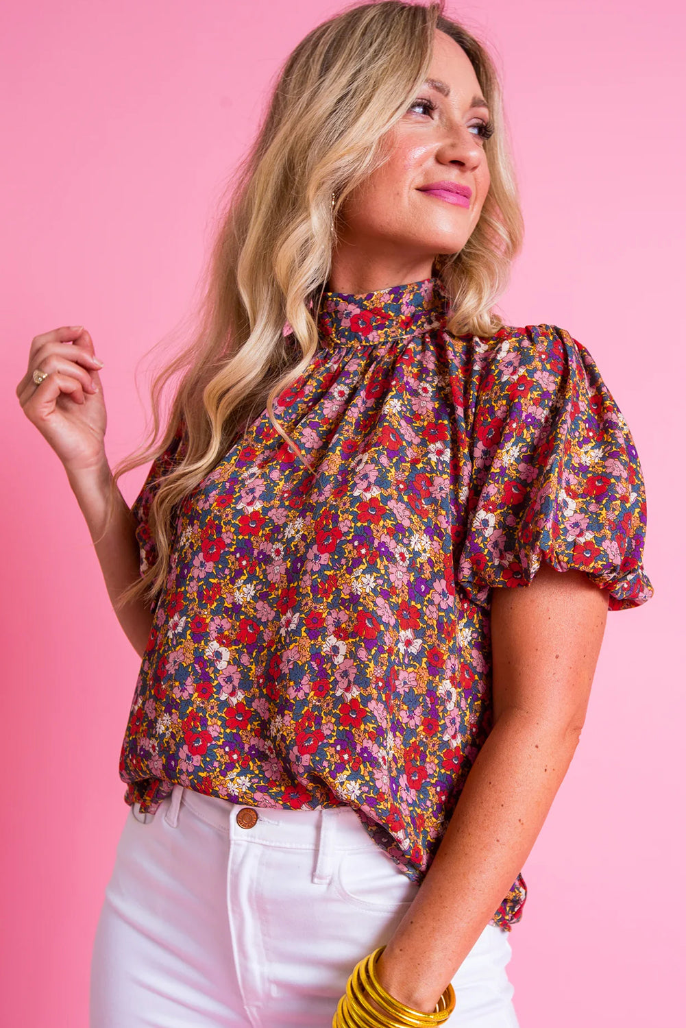 Purple Boho Floral Print Mock Neck Puff Sleeve Blouse