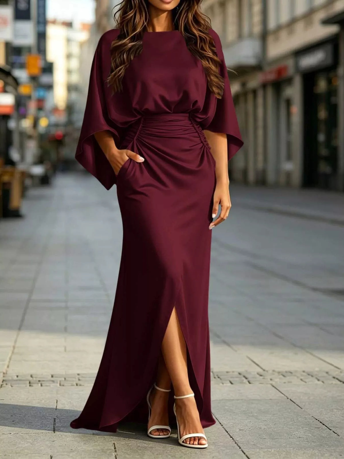 Ruched Waist Maxi Dress with Pockets in Multicolor