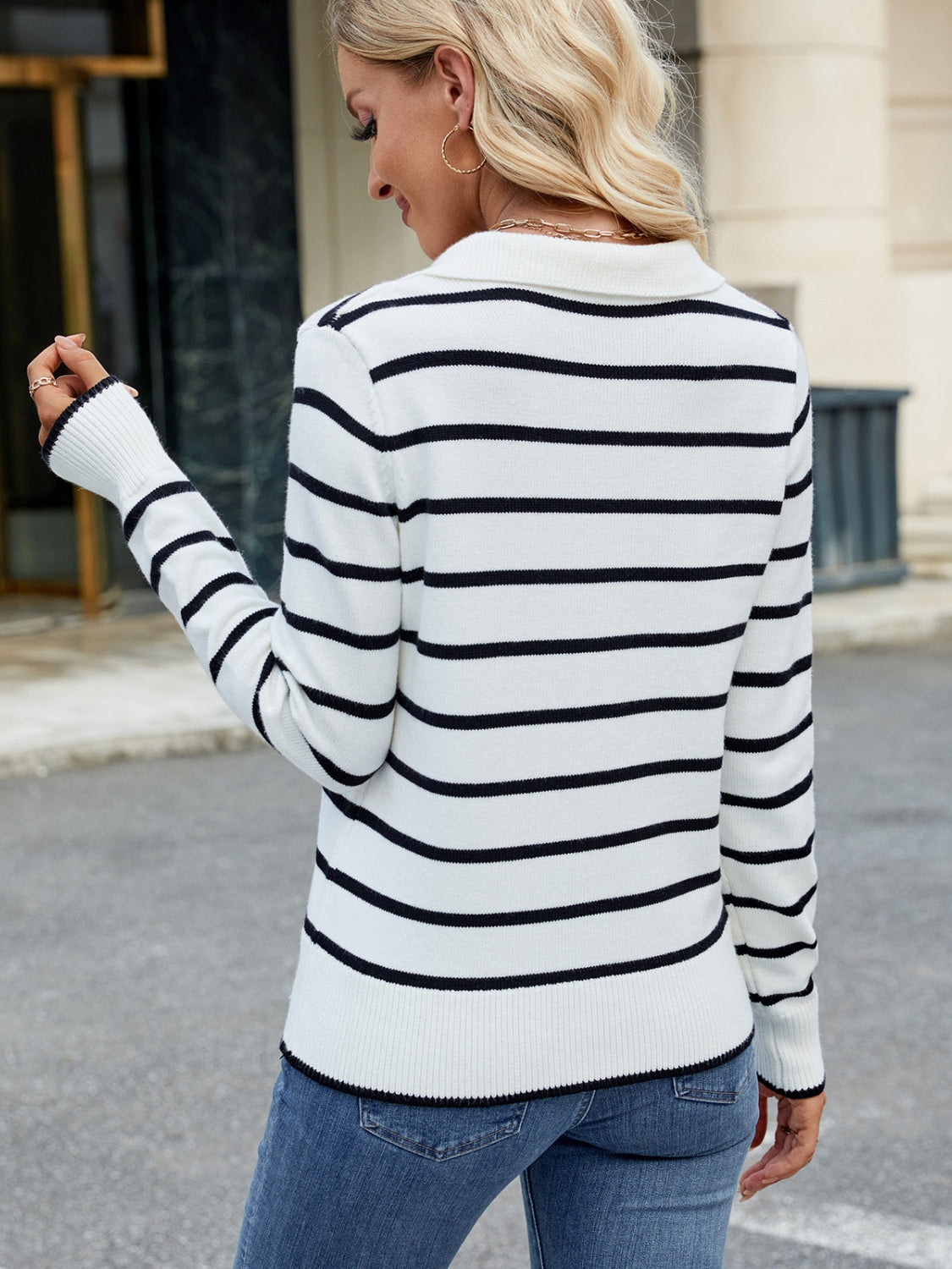 Striped Johnny Collar Long Sleeve Sweater  Shop One Place
