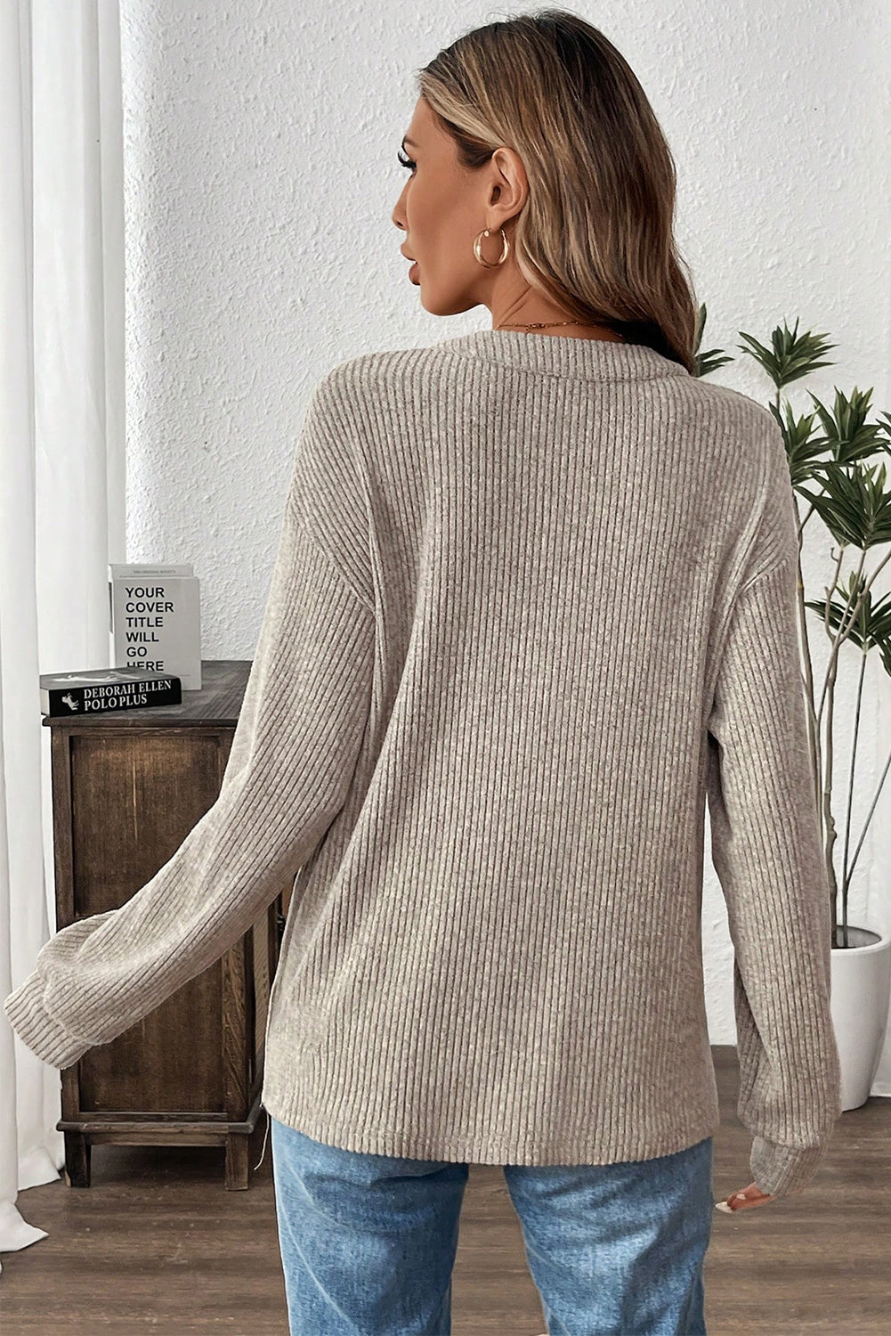 Simply Taupe Ribbed Texture Drop Shoulder Henley Knit Top  Shop One Place