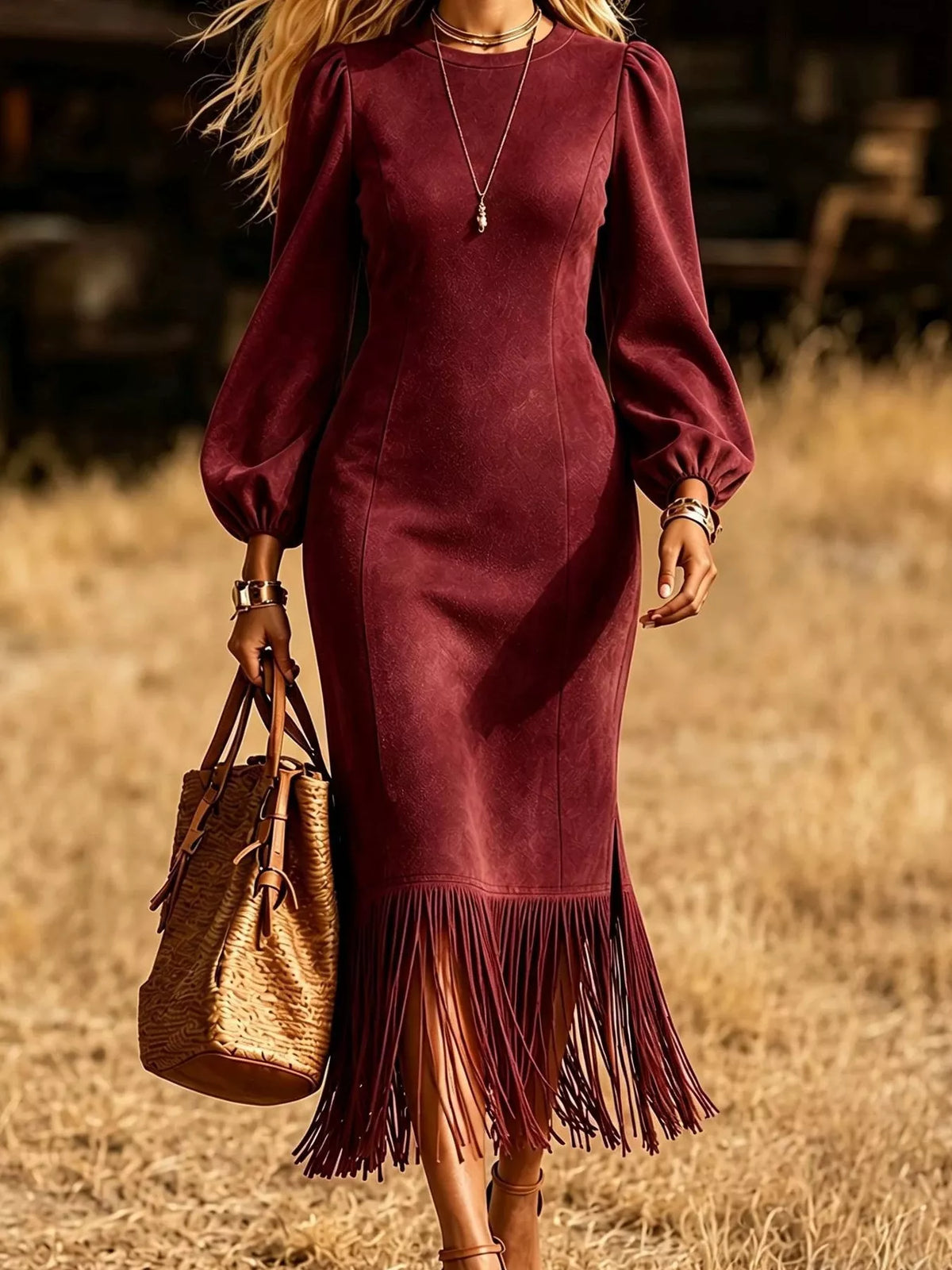 Women's Fringe Hem Balloon Sleeve Midi Dress – view 5